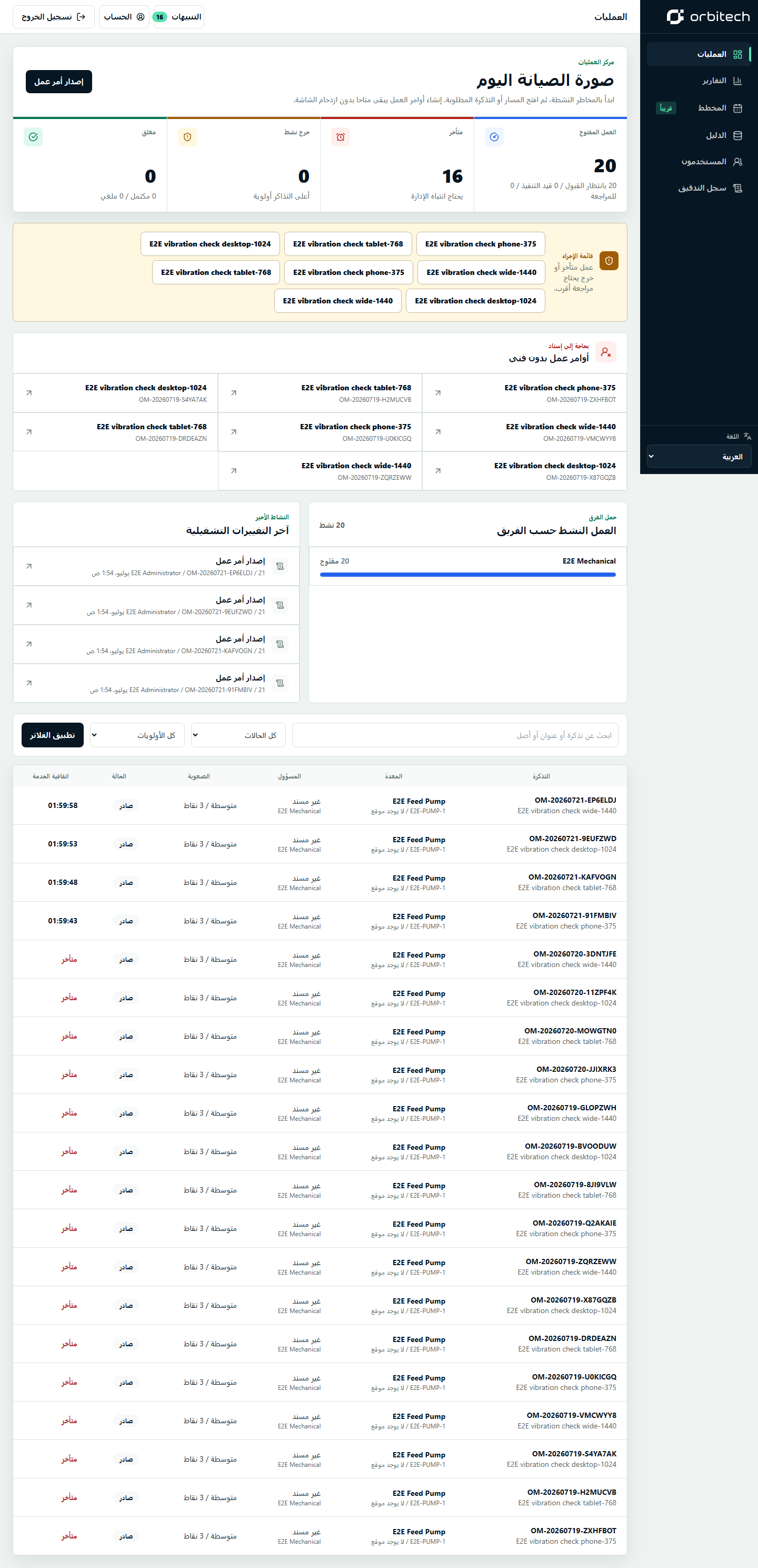 لوحة عمليات Orbit Maintain الأصلية بالعربية، بسجلات اختبارية داخل نموذج شاشة